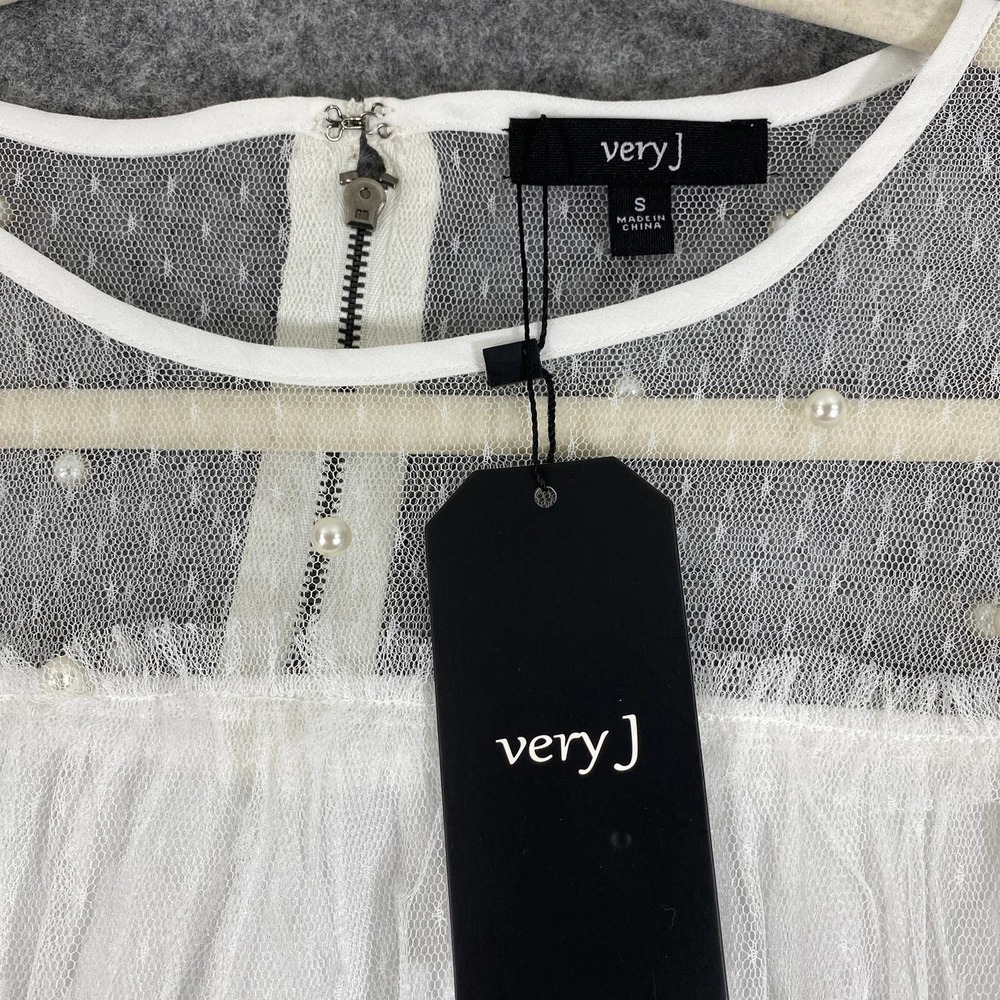 NWT Very J Dress Small White Embellished Mesh Babydoll Mini Short Sleeve A-Line - Picture 6 of 10